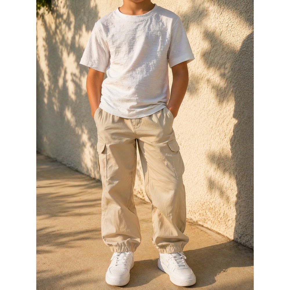 All In Motion Boys Cargo Jogger Pants Tan Khaki Stretch Drawstring Size M 8